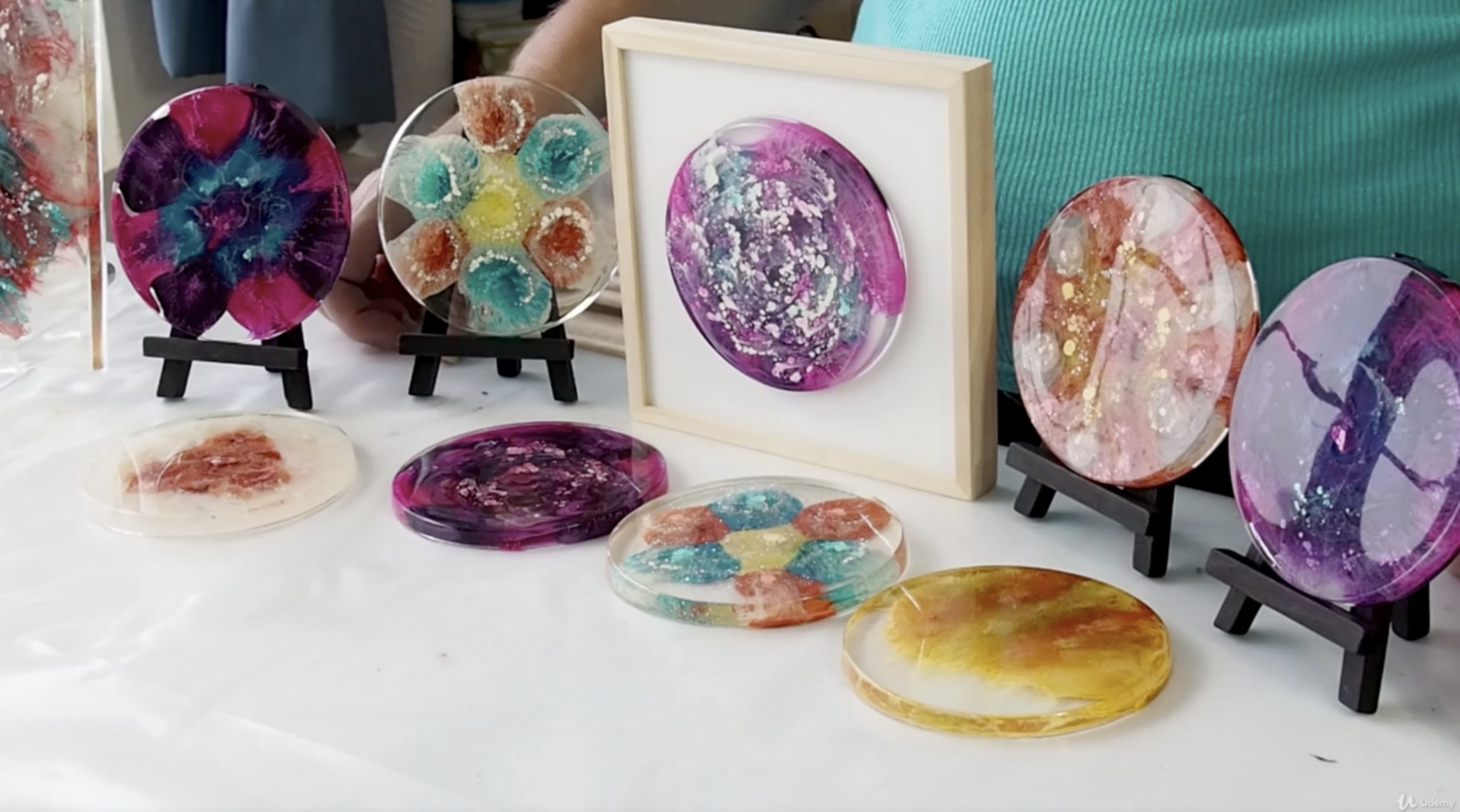 resin coasters displayed on a table