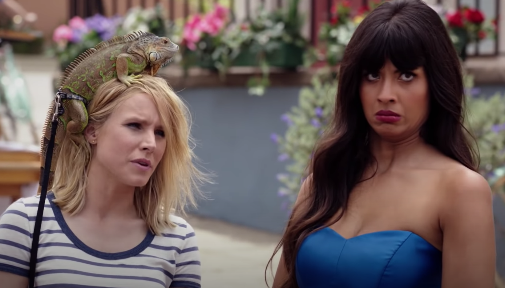 Eleanor with a lizard on her head and Tahani looking disgusted on &quot;The Good Place&quot; 