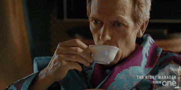 Hugh Laurie drinking espresso from espresso cup in &#x27;The Night Manager&#x27;