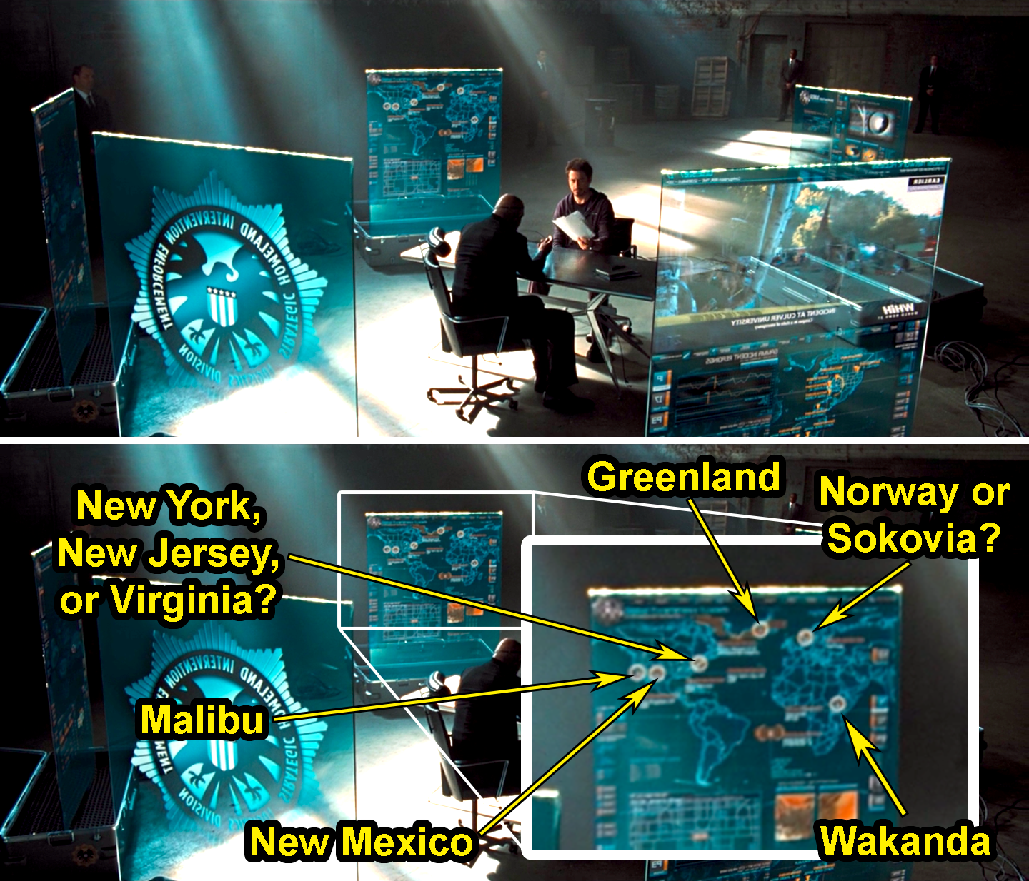 A fuzzy map with circles that&#x27;s been labeled with Greenland; Norway or Sokovia; Wakanda; New Mexico; Malibu; and New York, New Jersey, or Virginia