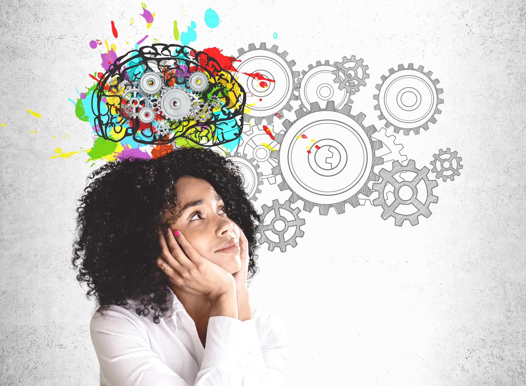 Woman thinking with illustrated brain and gears in background.