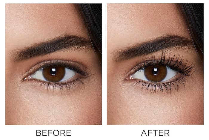 Model before and after shot with fanned out eyelashes to show the effects of the mascara