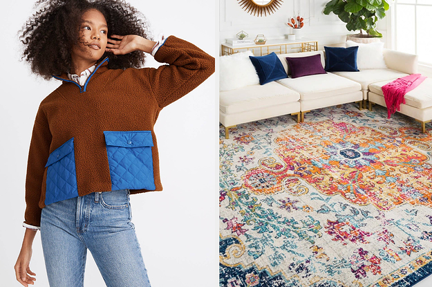 On the left, a model in a fleece pullover. On the right, a colorful rug