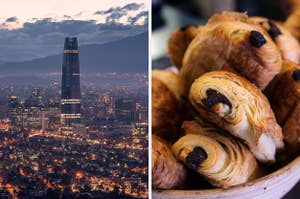On the left, a sky-view of downtown Santiago, Chile at sunset, and on the right, some chocolate croissants in a bowl