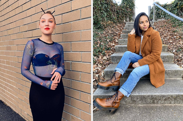 (left) Blue mesh top (right) Tan faux shearling coat