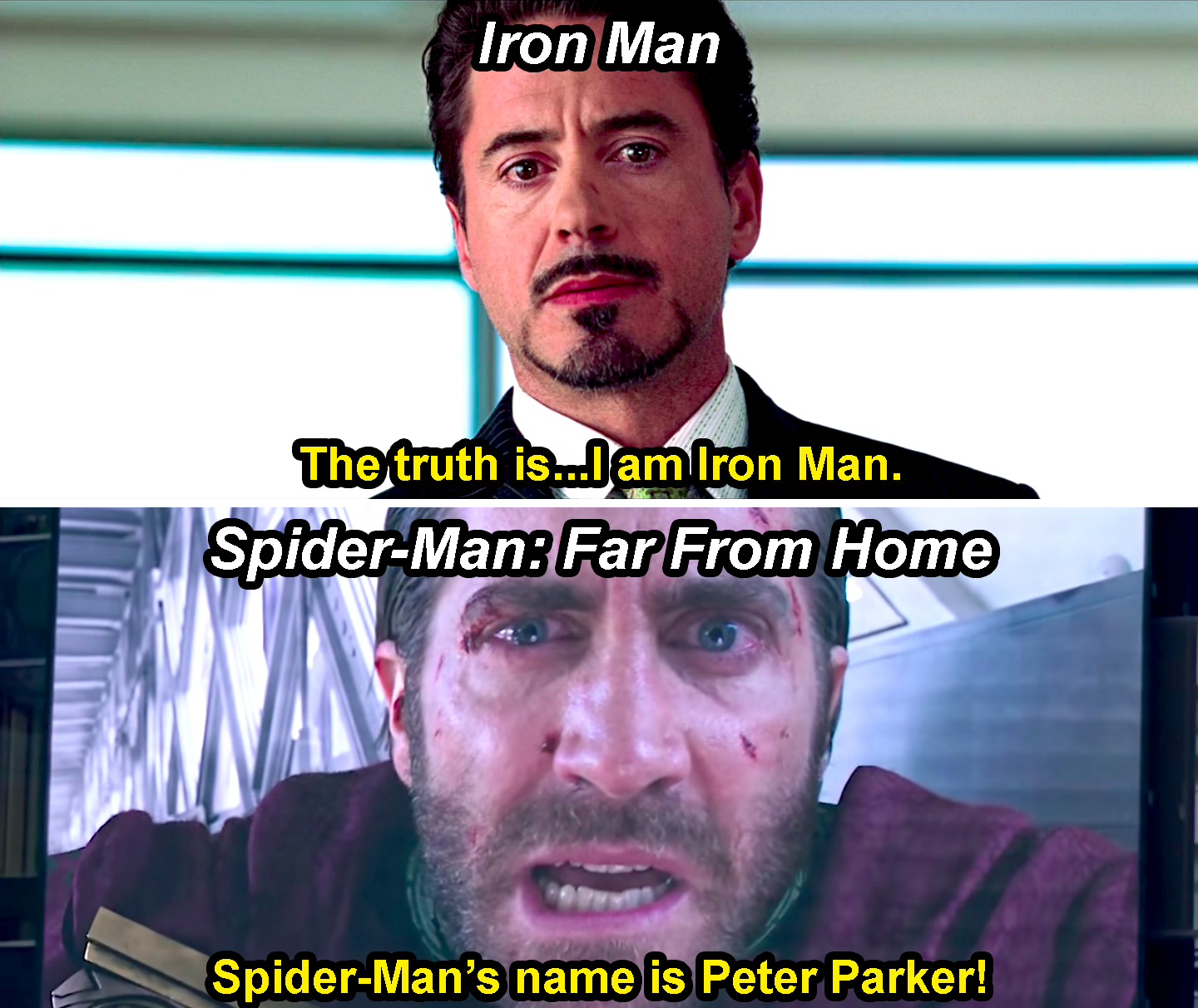 Tony saying, &quot;The truth is I am Iron Man,&quot; in Iron Man and Mysterio saying, &quot;Spider-Man&#x27;s name is Peter Parker,&quot; in Far From Home