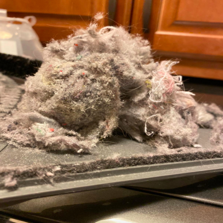 A customer review photo of a pile of lint they pulled out of their dryer