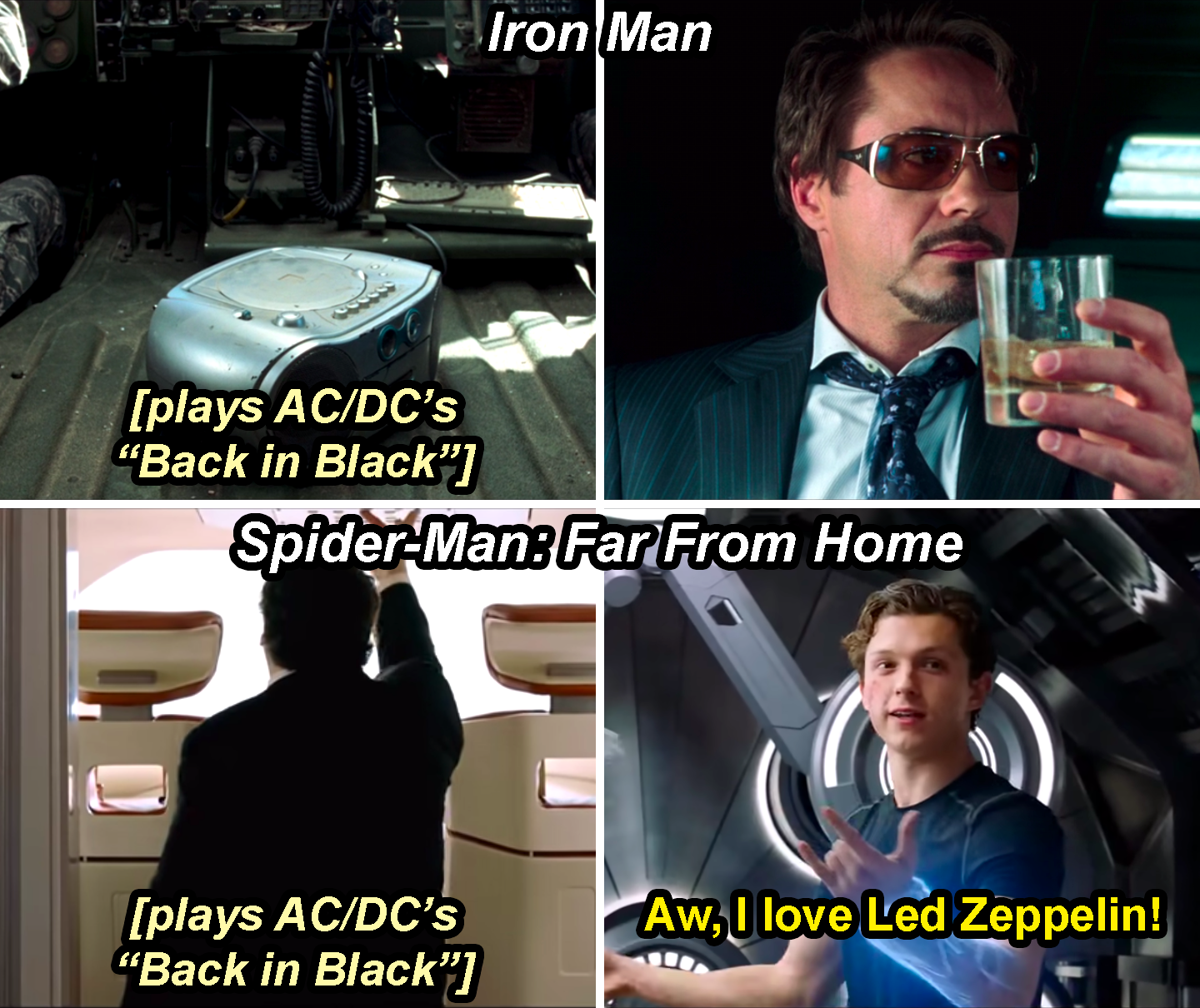 A boombox playing AC/DC&#x27;s Back in Black in Iron Man and Happy turning on Back in Black in Spider-Man: Far From Home with Peter responding, &quot;Aw, I love Led Zeppelin&quot;