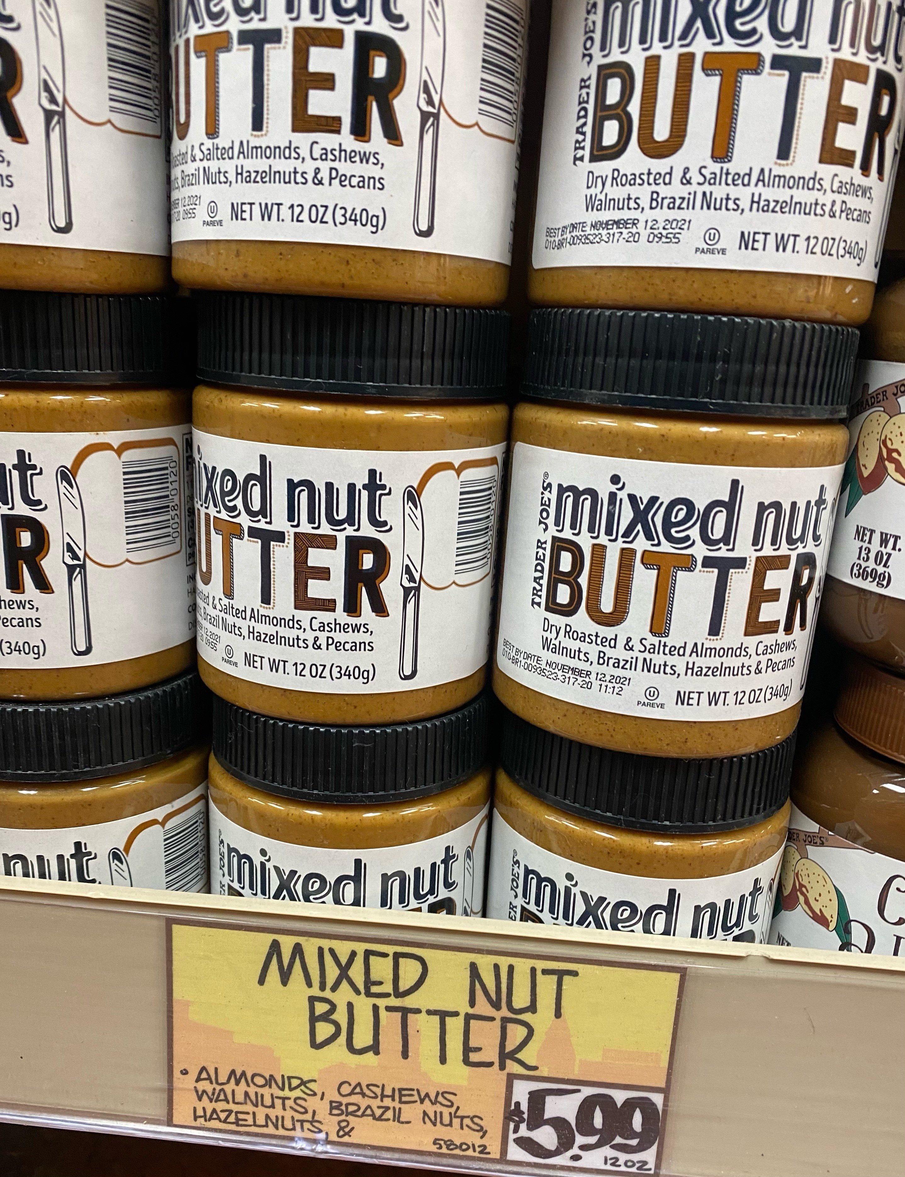 Mixed nut butter on a shelf.