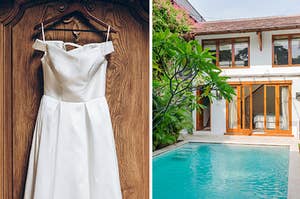 A simple, silky wedding dress on a hanger on the left, and a vacation home with big windows and a pool on the right