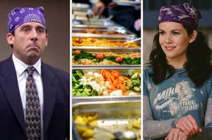 Michael Scott and Lorelai Gilmore wearing bandanas and eating at a buffet