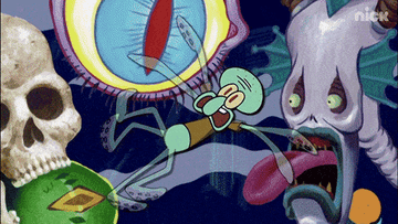 Squidward falling through a terrifying dimension with eyes and scary monsters