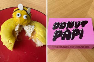 Side by side image showing a cut in half donut with honey in the middle and a bee cake on top, next to a box with the iconic "Donut Papi" name
