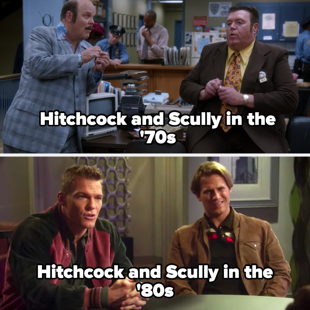 Hitchcock and Scully looking similar to the present-day in the &#x27;70s and then as hot young cops in the &#x27;80s