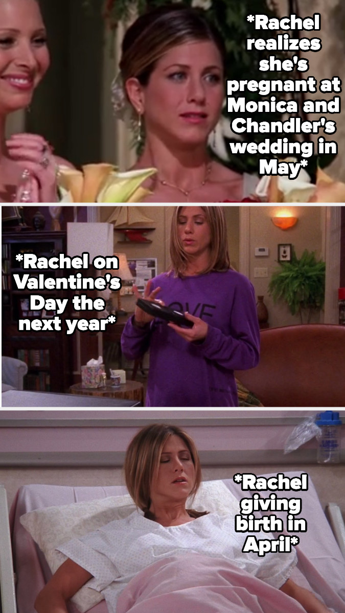 Rachel discovers she&#x27;s pregnant at Monica and Chandler&#x27;s wedding in May,  then is super pregnant on Valentine&#x27;s day, and gives birth in April