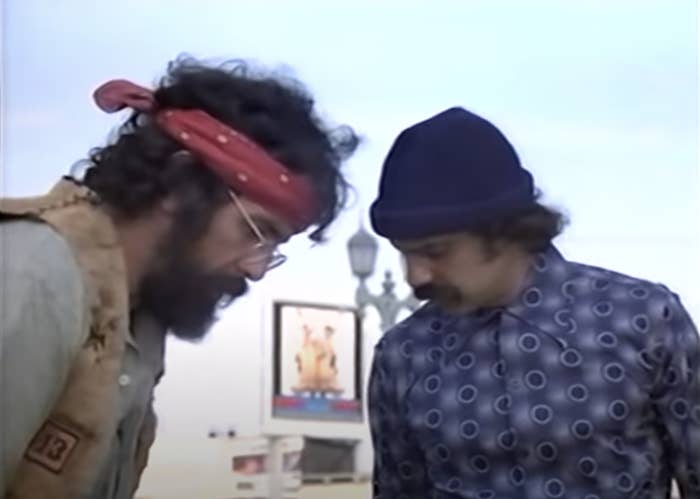 Tommy Chong and Cheech Marin in 80s outfits