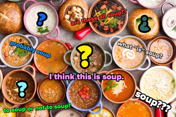 A picture of various soups with concerned questions like &quot;are these all soup?, probably soup?, to soup or not to soup?, and what is soup?&quot; written on it