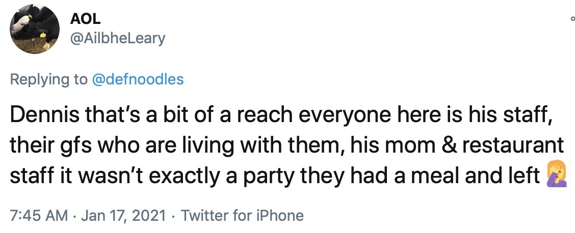 A tweet that reads &quot;Everyone here is his staff, their girlfriends who are living with them, his mom and restaurant staff it wasn&#x27;t exactly a party they had a meal and left&quot;