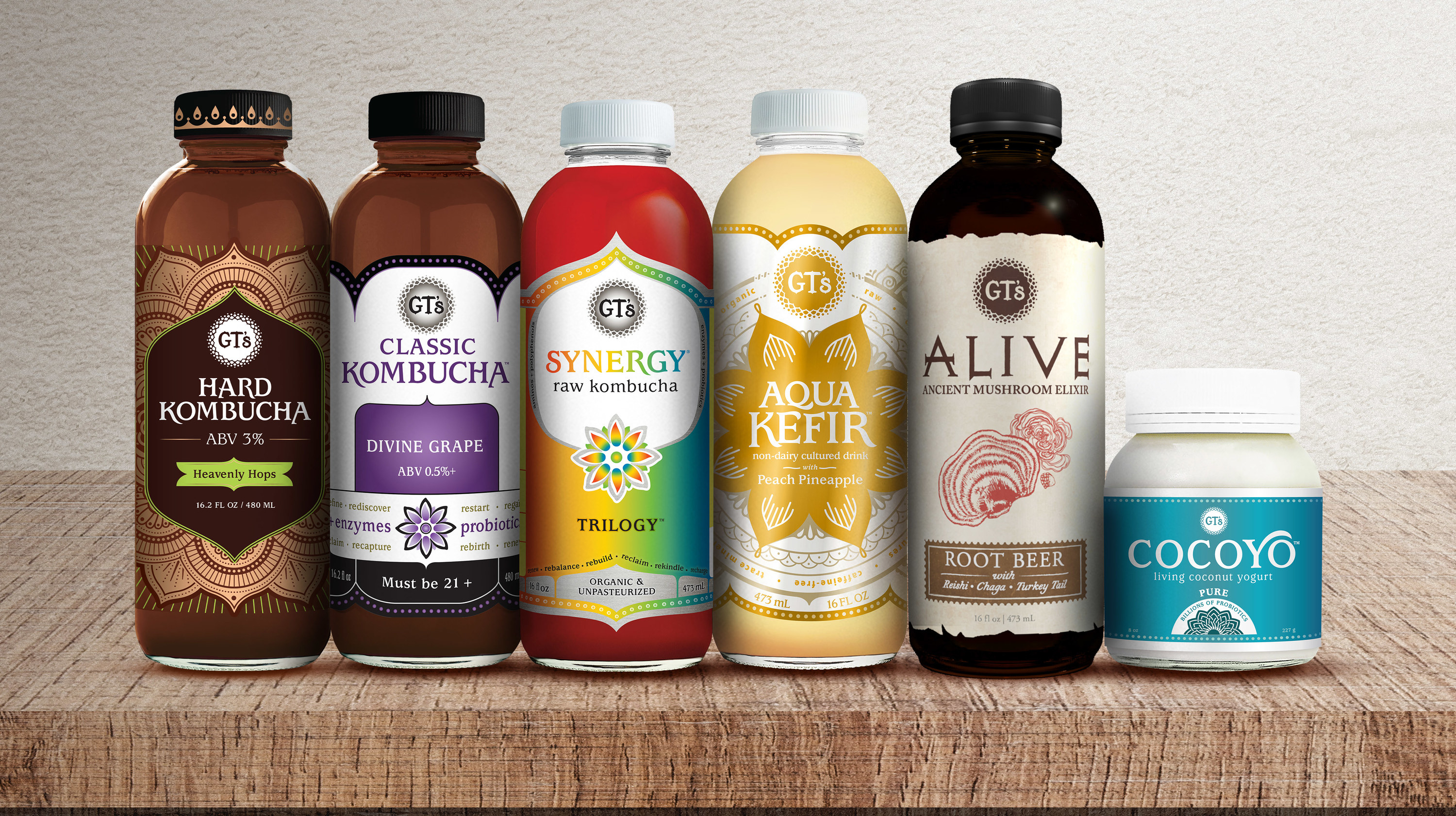 GT&#x27;s Living Food Products: Hard Kombucha; Classic Kombucha; Synergy Raw Kombucha; Aqua Kefir; Alive Ancient Mushroom Elixir; Cocoyo Yogurt.  