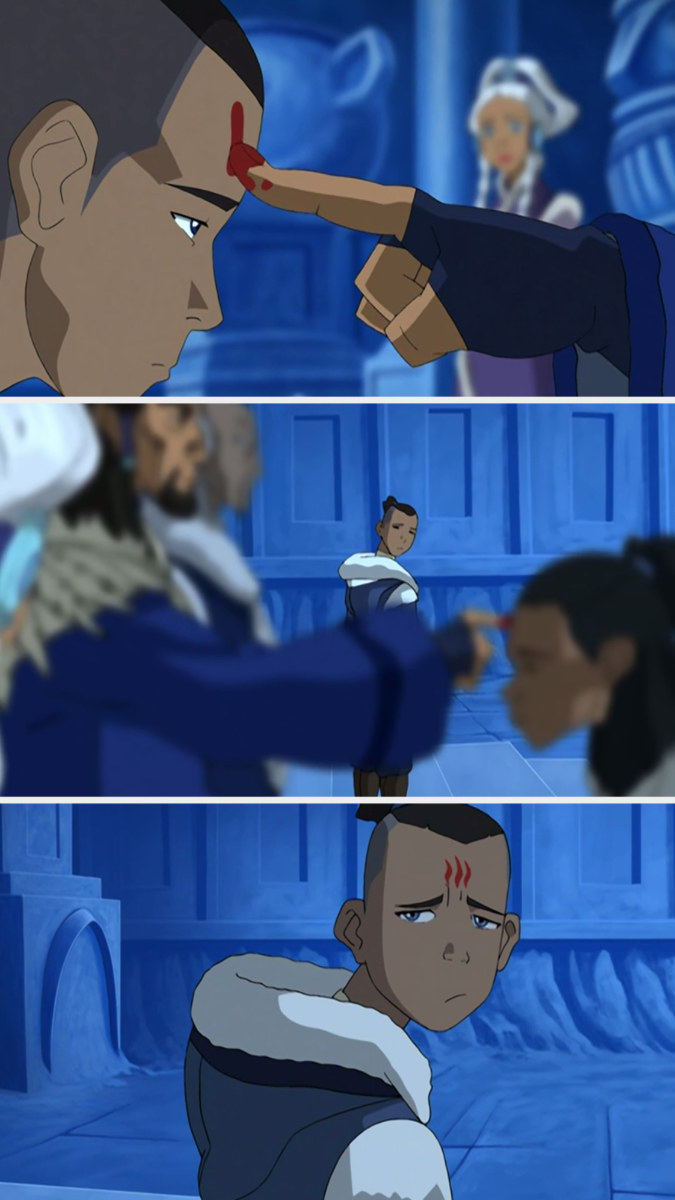 Sokka gets the warrior mark, then his forehead has no mark on it, then it has a mark on it again