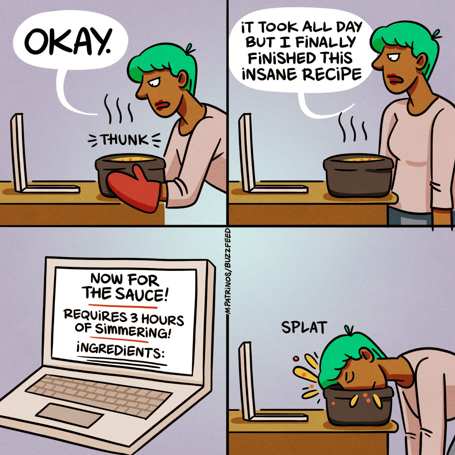 Cartoon showing a woman who regrets not reading the recipe all the way through