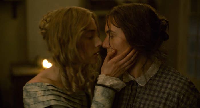 Saoirse Ronan about to kiss Kate Winslet in &quot;Ammonite&quot;