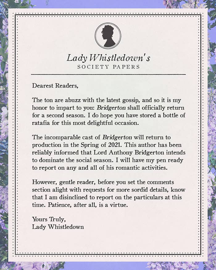 A Lady Whistledown announcement detailing that Anthony Bridgerton will "dominate the social season" in Season 2 and production will start in "Spring of 2021"