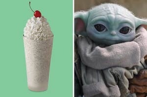 On the left, a cookies and cream milkshake from Chick-fil-A, and on the right, Baby Yoda looking up sweetly