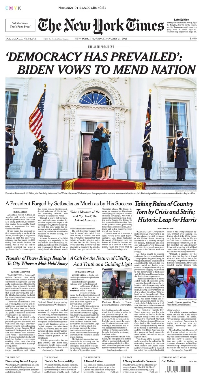 Newspaper Front Pages On Biden Inauguration