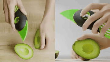 A model using the tool to de-pit and slice half an avocado 