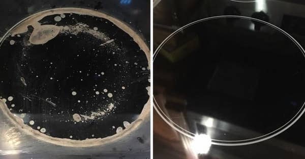 On the left, a cooktop looking dirty, and on the right, the same cooktop now looking clean after using the kit