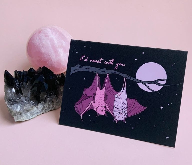 A card with to bats hanging on a branch in the moonlight that says I&#x27;d roost with you