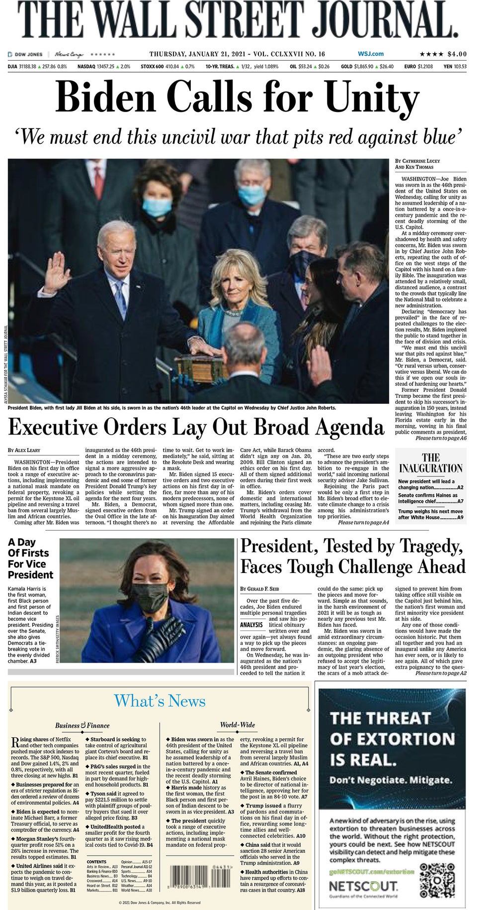 Newspaper Front Pages On Biden Inauguration