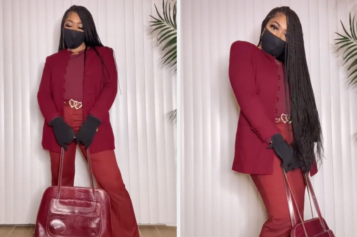 Iesha poses in her final outfit: a matching jacket and top, trousers, and matching purse, as well as black gloves and a black mask — just like Michelle Obamas&#x27;s outfit