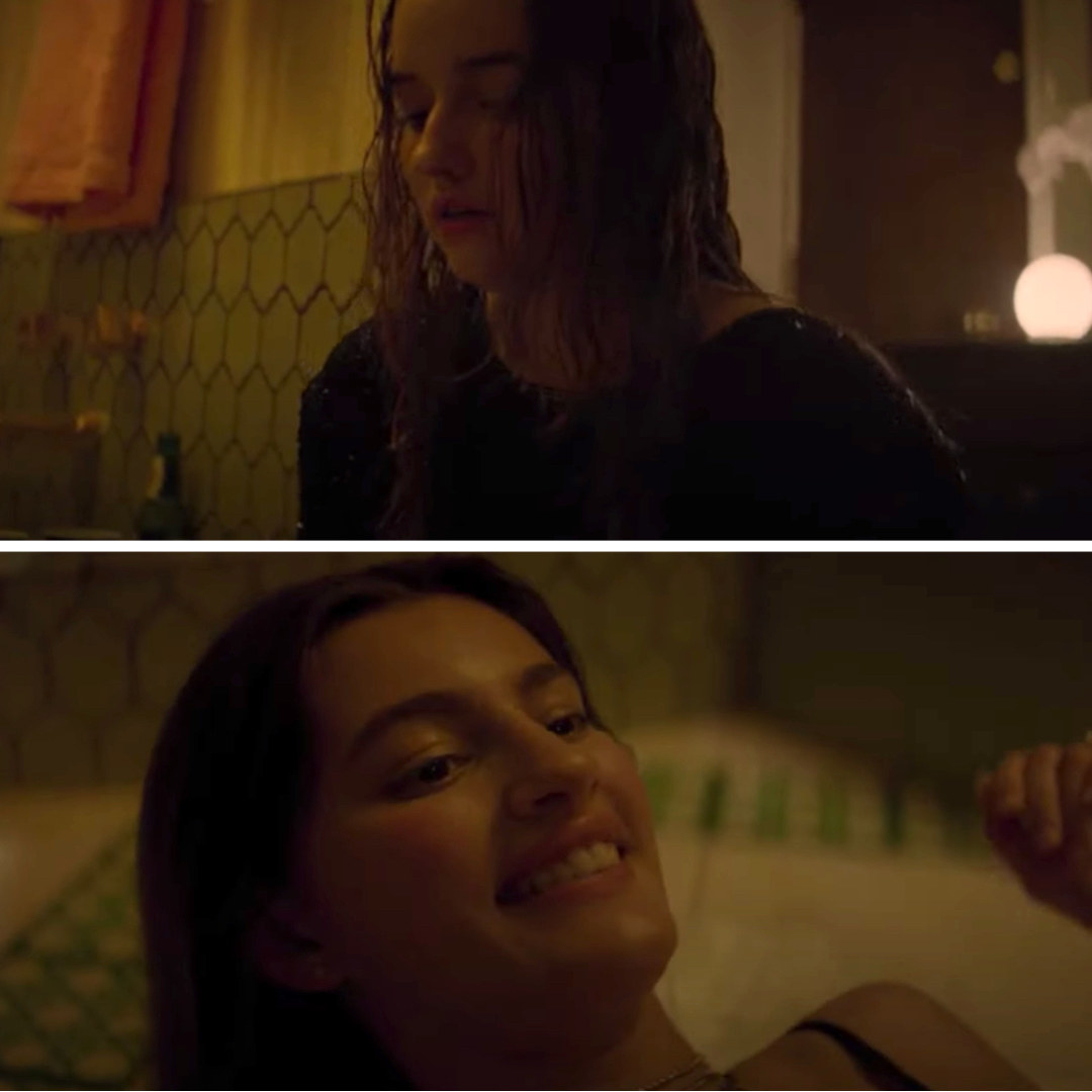 Kaitlyn Dever and Diana Silvers about to have sex in the bathroom in "Booksmart"