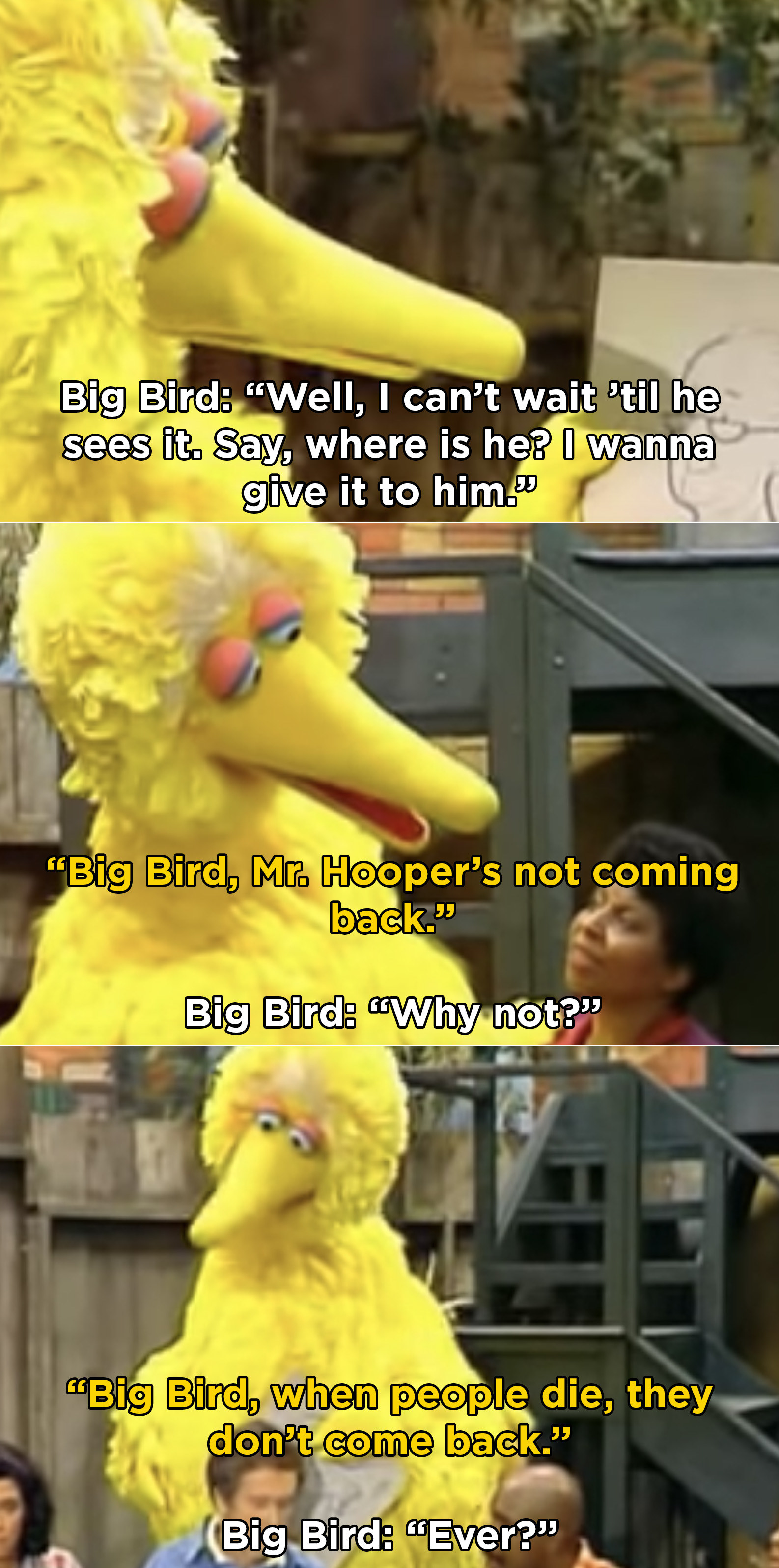 Someone telling Big Bird that Mr. Hooper is not coming back and Big Bird asking, &quot;Why not?&quot;