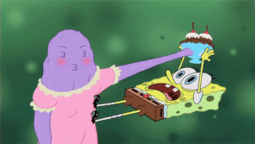 SpongeBob bites the arm of the ice cream lady, causing it to break off and him to fall out of the monster&#x27;s mouth