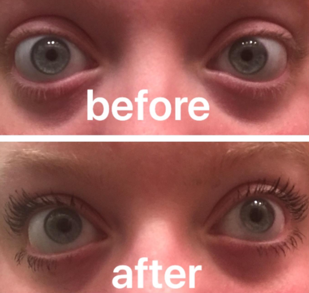 on top, a reviewer before applying the mascara, and on the bottom, the same reviewer&#x27;s lashes looking naturally long after using the mascara