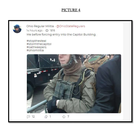 Social media post with a picture of a person in military gear with text &quot;Me before forcing entry into the Capitol Building&quot;