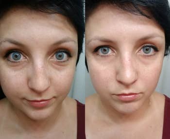 on the left a reviewer with some undereye bags, on the right the same reviewer with their undereyes looking brighter