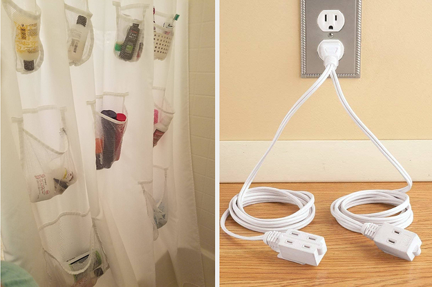 to the left: a shower curtain with pockets, to the right: an outlet with a cord split in two