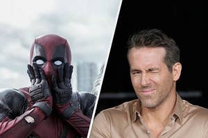 Deadpool making a shocked face next to Ryan Reynolds posing on a red carpet