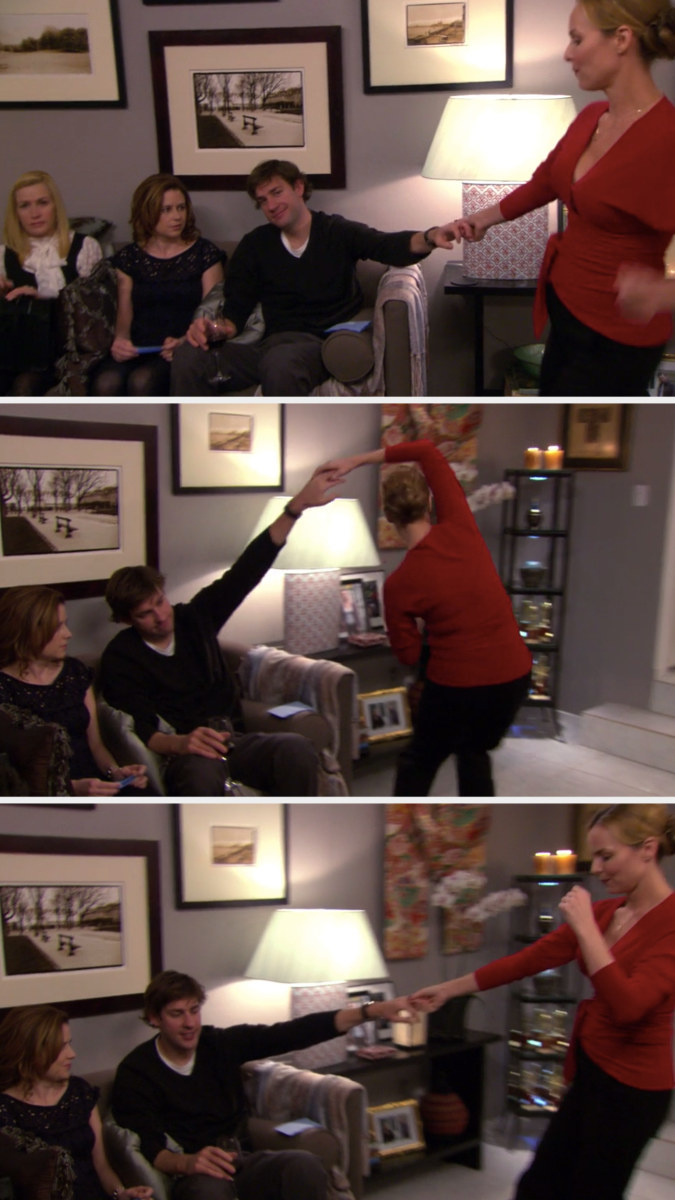Jim doesn&#x27;t dance with Jan, so she twirls under his arm while he keeps sitting