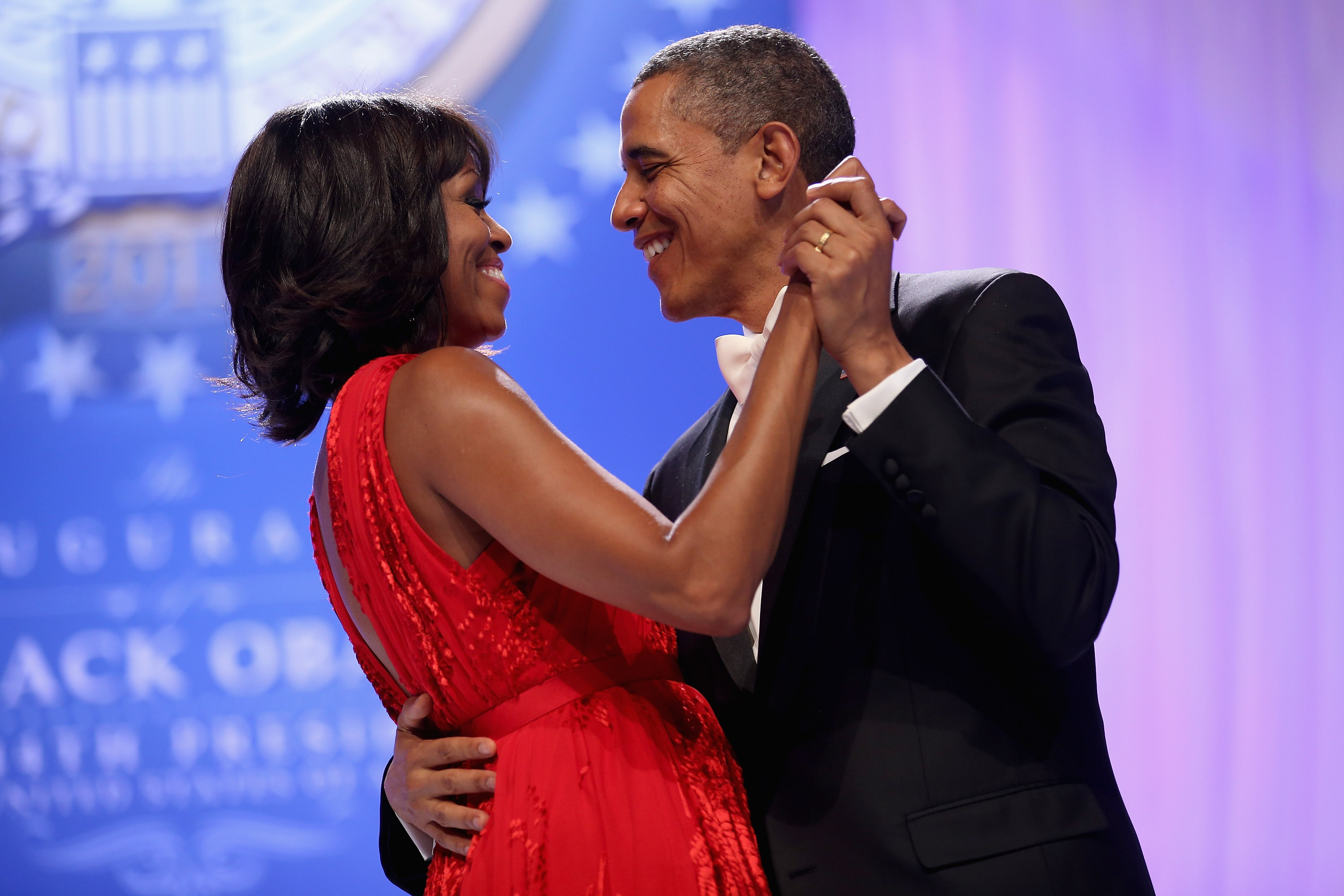 Barack and Michelle Obama dancing in fancy dress at an inauguration ball