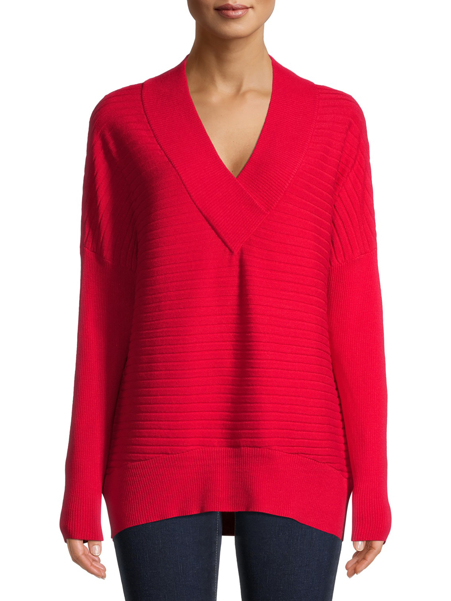 person wearing a long red v-neck sweater