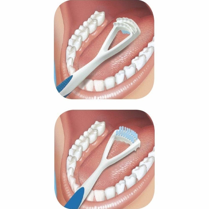 an illustration showing how to use the cleaning brush on your tongue