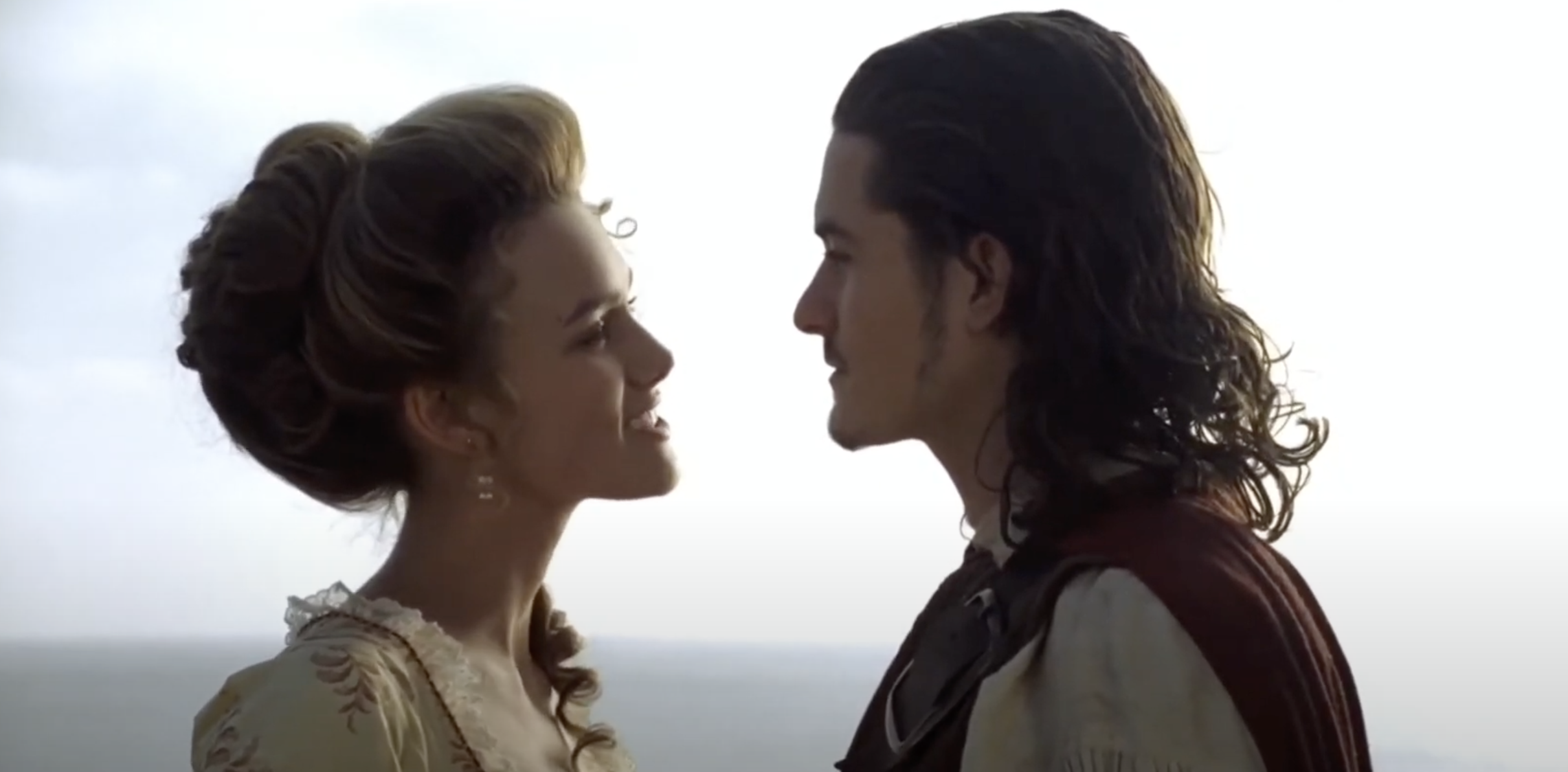 Keira Knightly and Orlando Bloom looking at each other in &quot;Pirates of the Caribbean&quot;