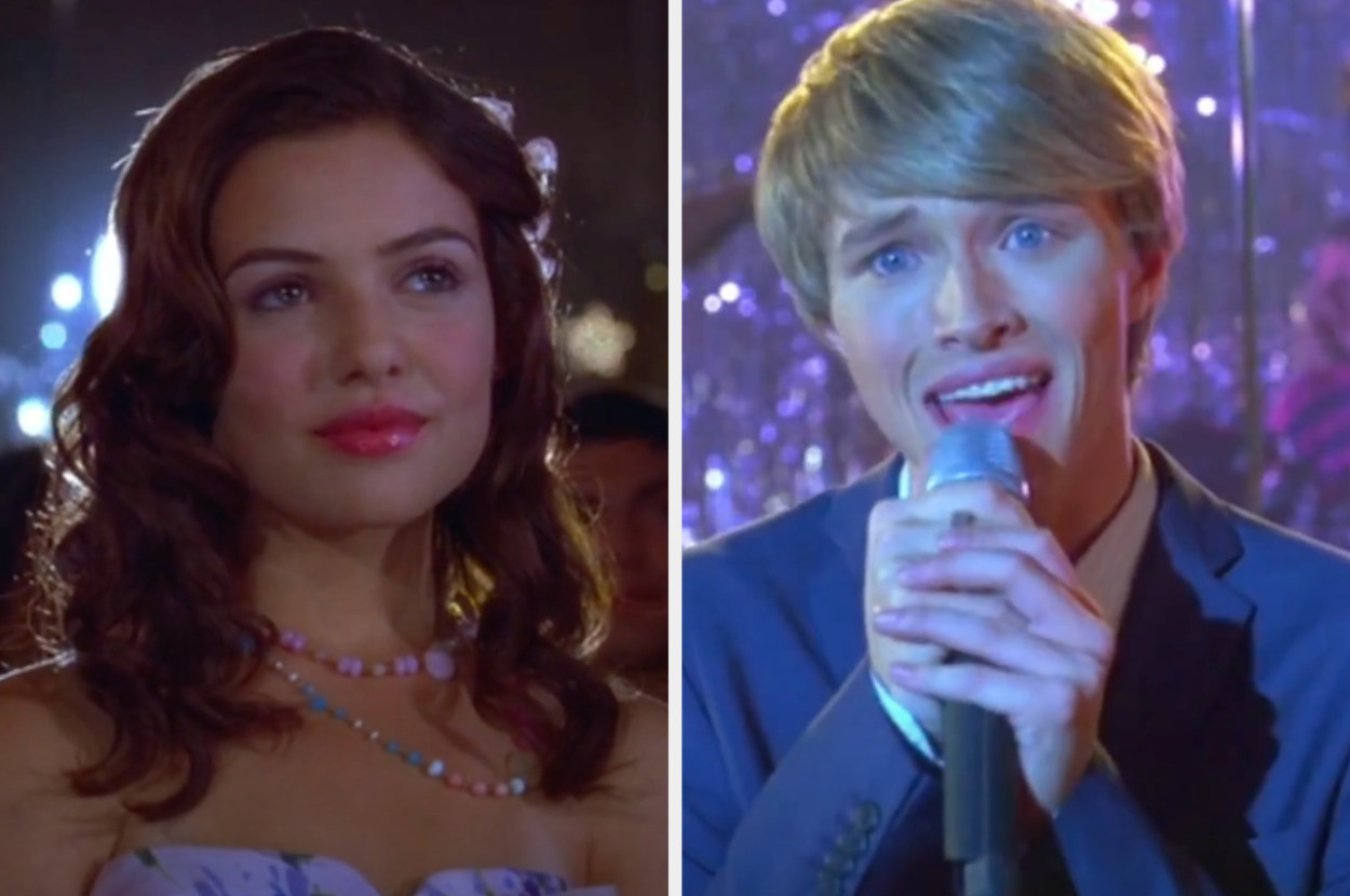 Danielle Campbell and Sterling Knight looking at each other at a school dance in a scene from the movie
