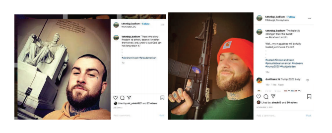 Selfies of the same man, one at the Lincoln Memorial and one holding a large firearm