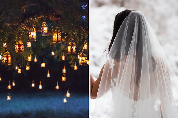 A tree full of glowing lanterns on the left and a bride staring out the window at a snowy scene on the right